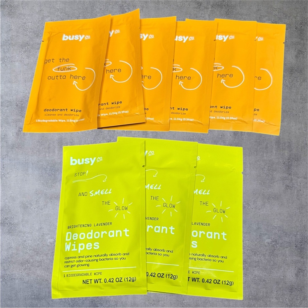 Busy Co Deodorant Wipes Unisex 9 Pack Orange Lime Green New Biodegradable Travel